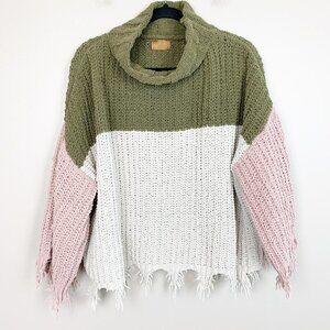 POL Chenille Chunky Turtleneck Color Block Sweater Fryed Hem Sweater Size Small